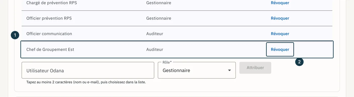 Écran «&nbsp;Administration&nbsp;»&nbsp;: la ligne créée et son bouton de révocation