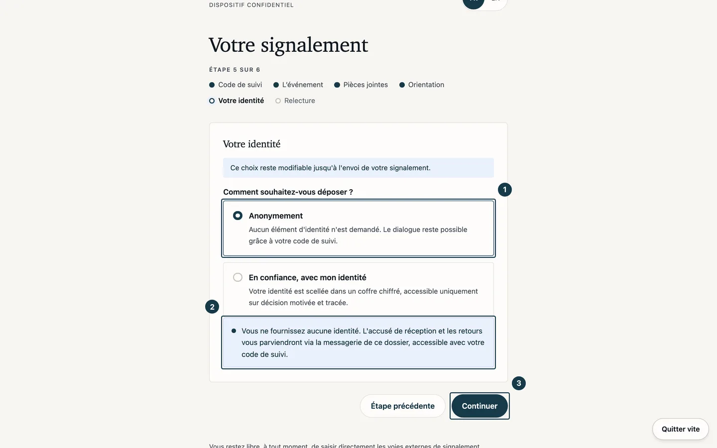 Écran du formulaire de dépôt&nbsp;: l'option anonyme choisie et la notice affichée