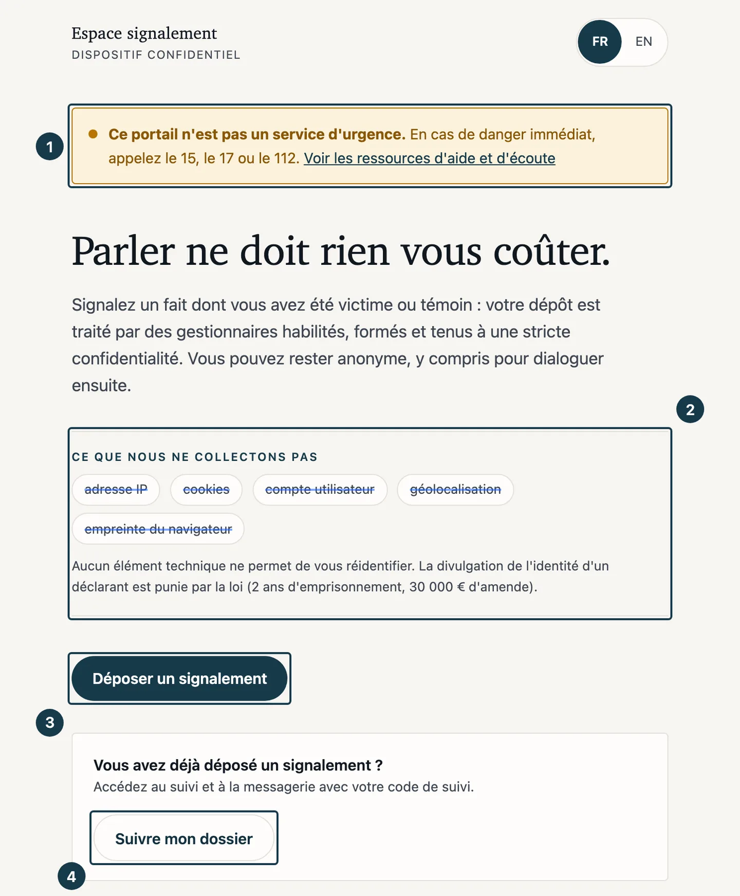 Écran d'accueil du portail : le bandeau d'urgence, l'encadré de non-collecte et les deux boutons