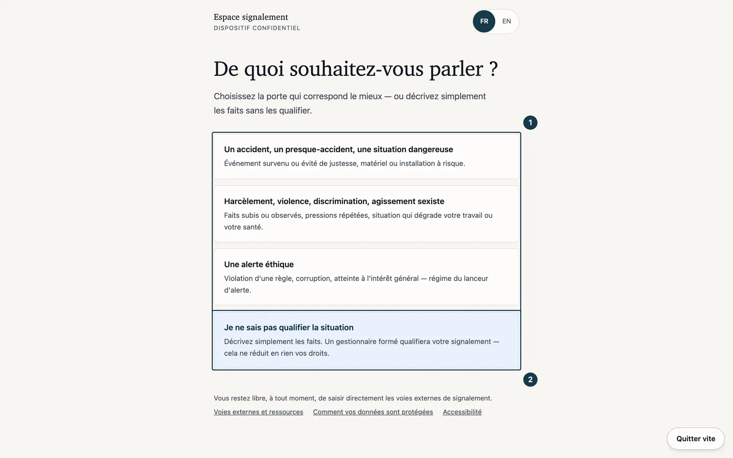 Écran « De quoi souhaitez-vous parler ? » : les quatre portes d'entrée