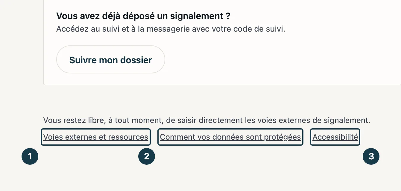 Écran d'accueil du portail : les trois liens du pied de page
