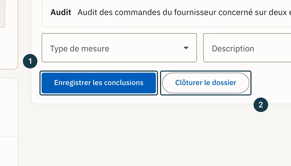 Écran d'un dossier : le bas de l'onglet « Conclusions » et ses deux boutons