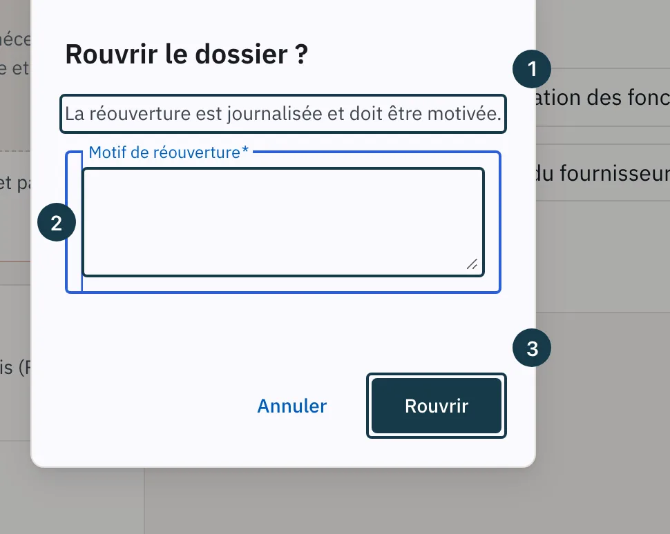 Écran d'un dossier : la fenêtre « Rouvrir le dossier ? » et son champ de motif