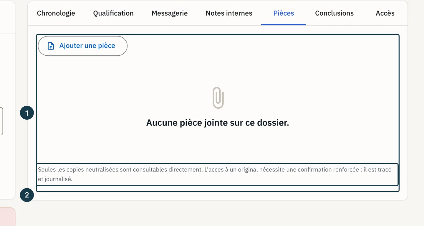 Écran du dossier : le contenu de l'onglet « Pièces » et sa notice de bas de page
