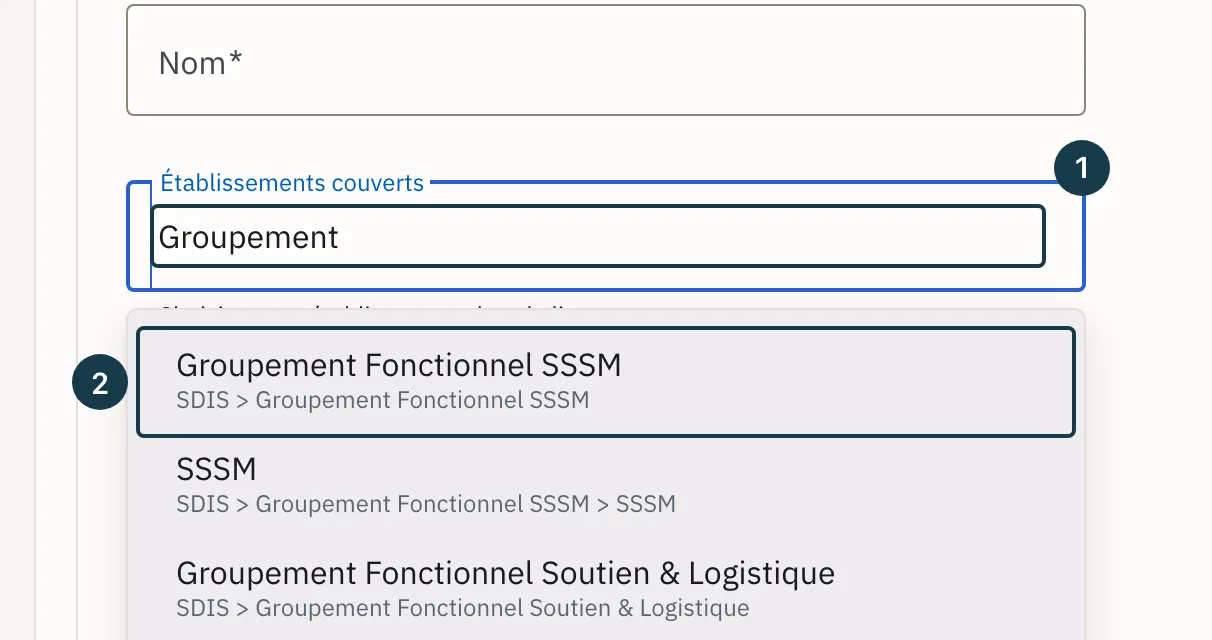 Écran « Administration » : la liste des établissements proposés sous le champ de couverture