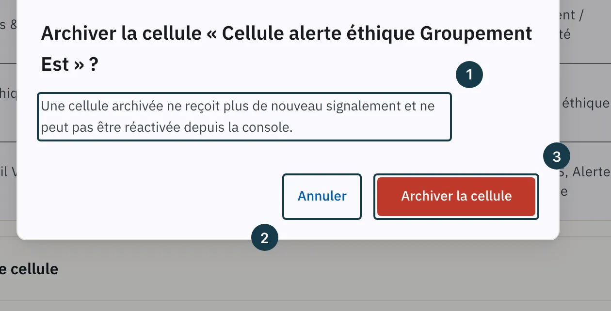 Écran « Administration » : la fenêtre d'archivage d'une cellule, avant confirmation