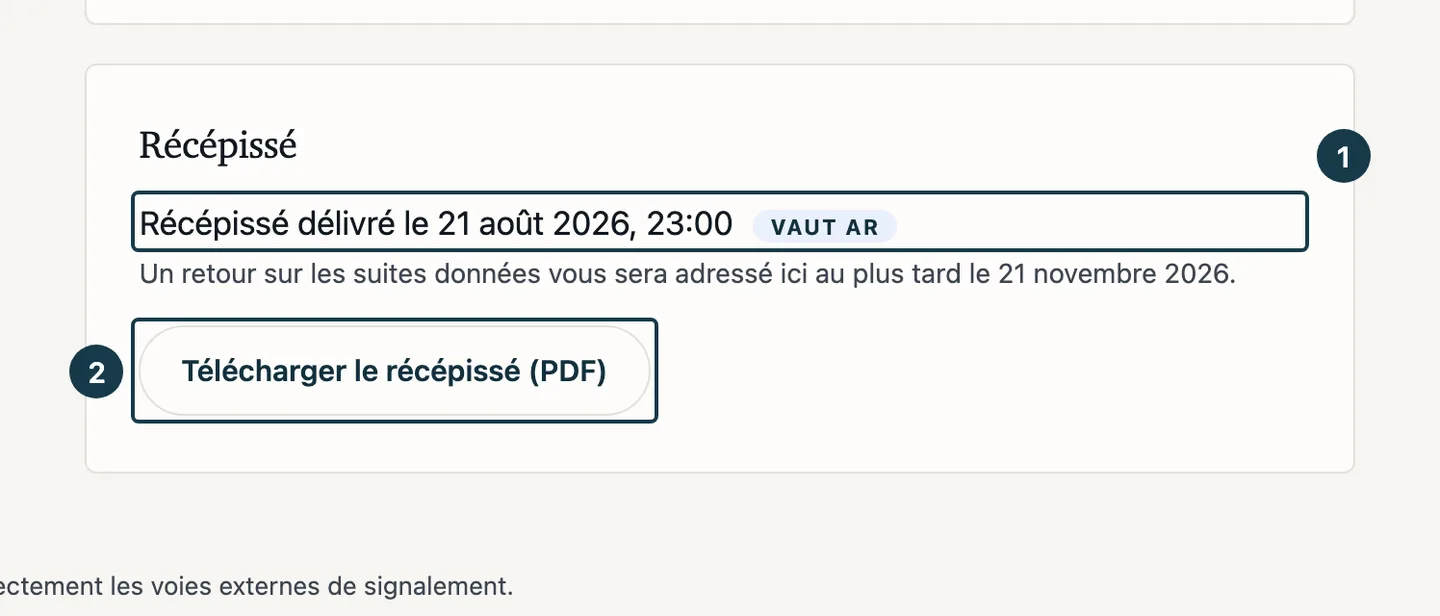 Écran du dossier : la carte « Récépissé », sa ligne de délivrance et le bouton de téléchargement