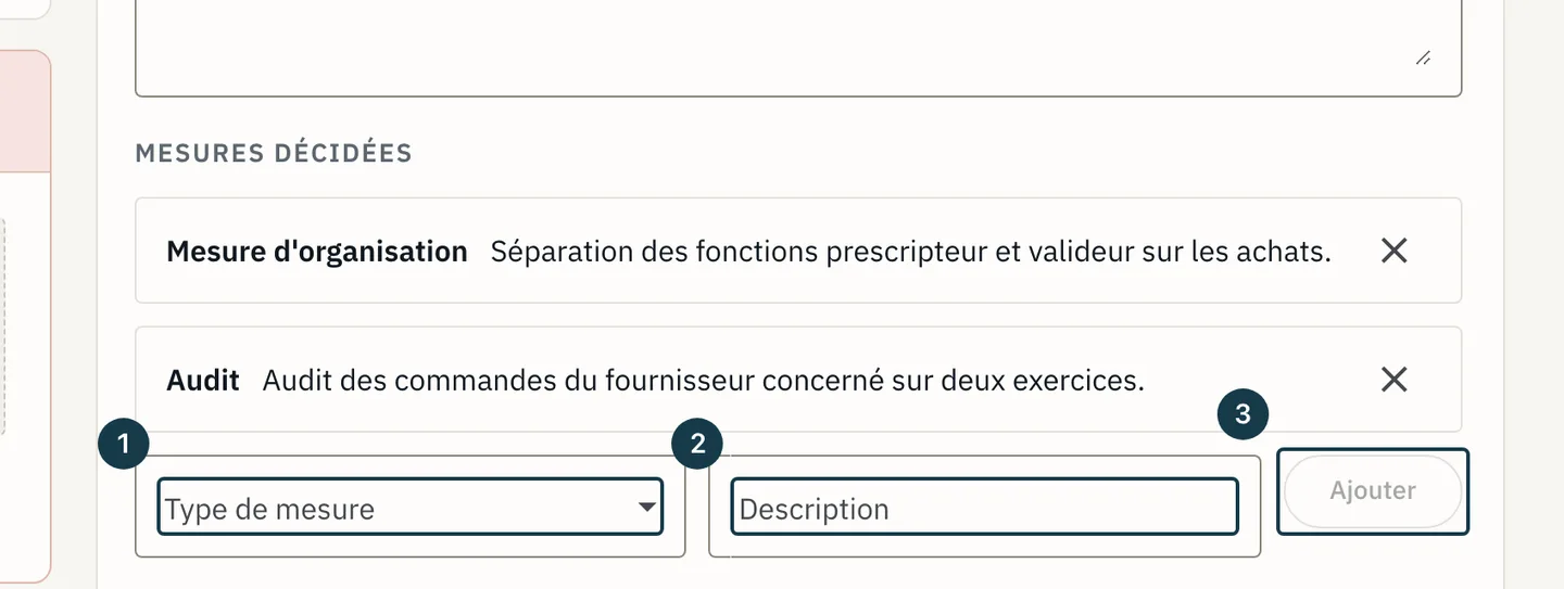 Écran d'un dossier : la section « Mesures décidées » et ses trois contrôles