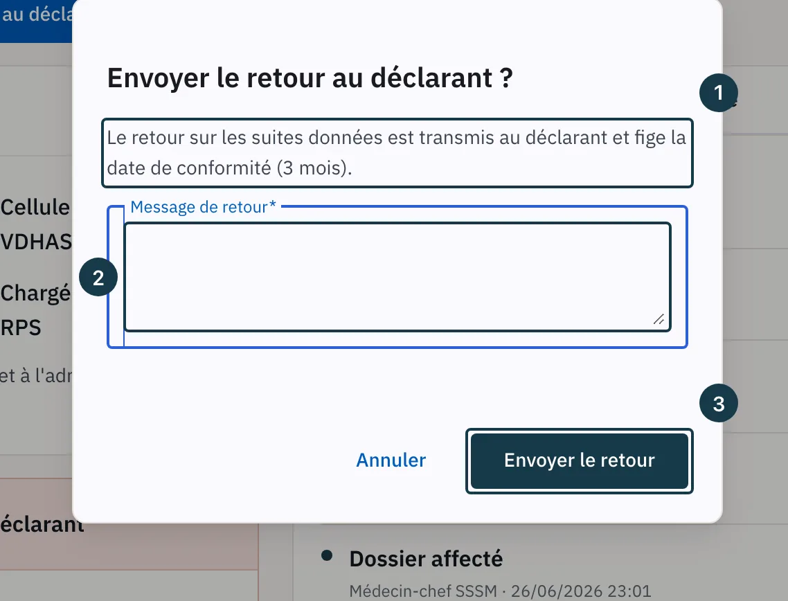 Écran d'un dossier : la fenêtre « Envoyer le retour au déclarant ? »