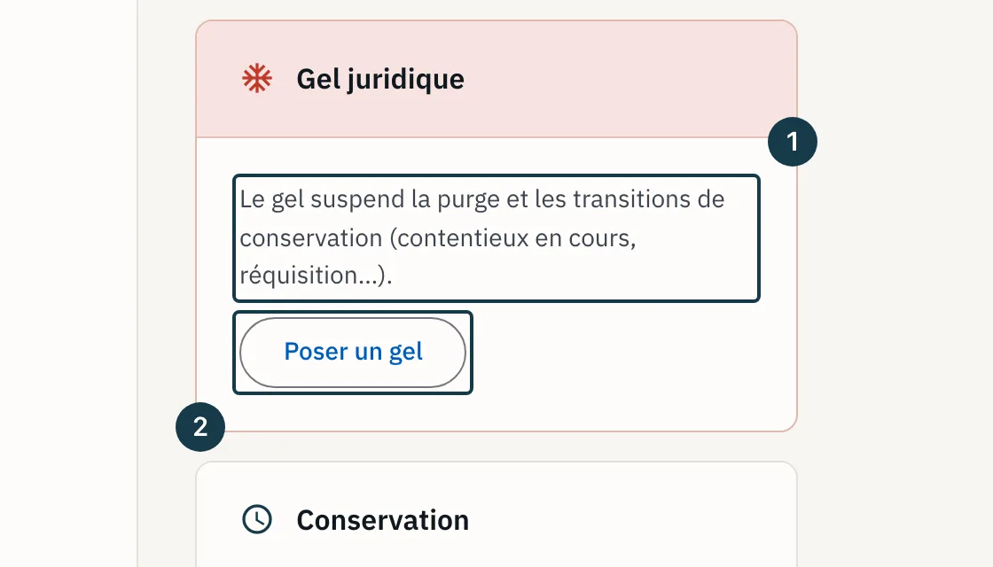 Écran d'un dossier : le panneau « Gel juridique » et son bouton