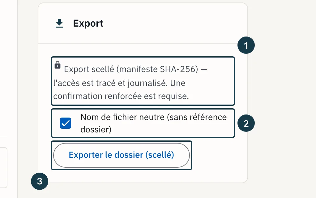 Écran d'un dossier : le panneau « Export » et son option de nom de fichier