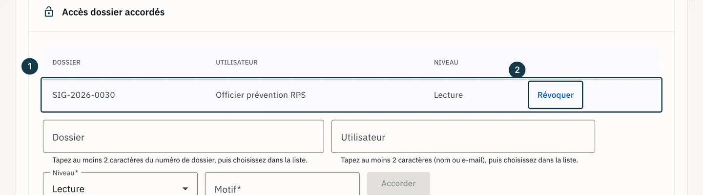 Écran « Administration » : la ligne d'accès créée et son bouton « Révoquer »