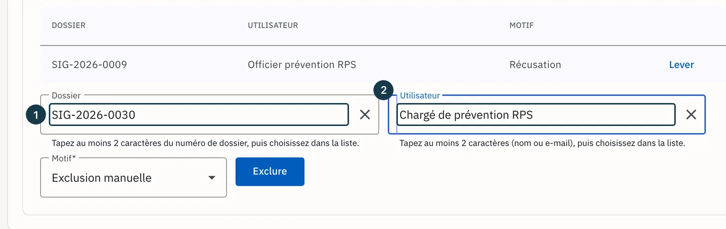 Écran « Administration » : le formulaire d'exclusion, dossier et personne choisis