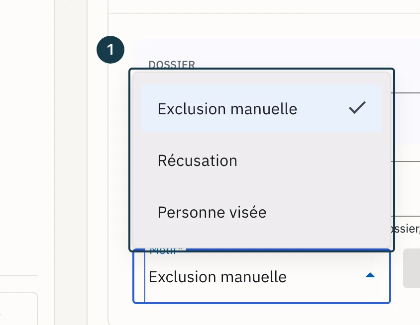 Écran « Administration » : la liste des motifs d'exclusion