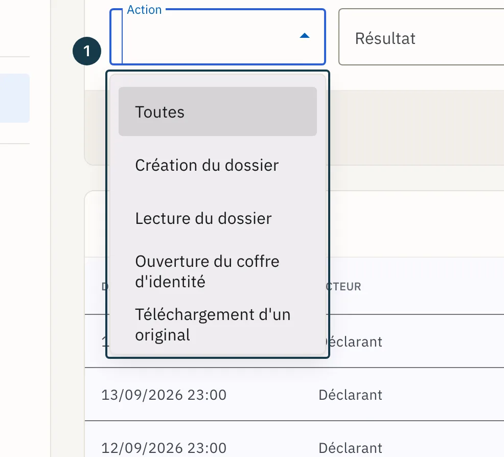 Écran « Journal des accès » : la liste « Action » dépliée