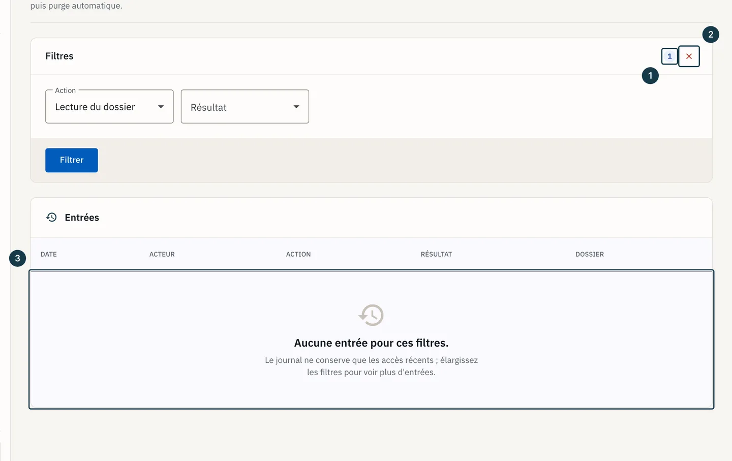 Écran « Journal des accès » : le tableau filtré et le compteur de filtres actifs