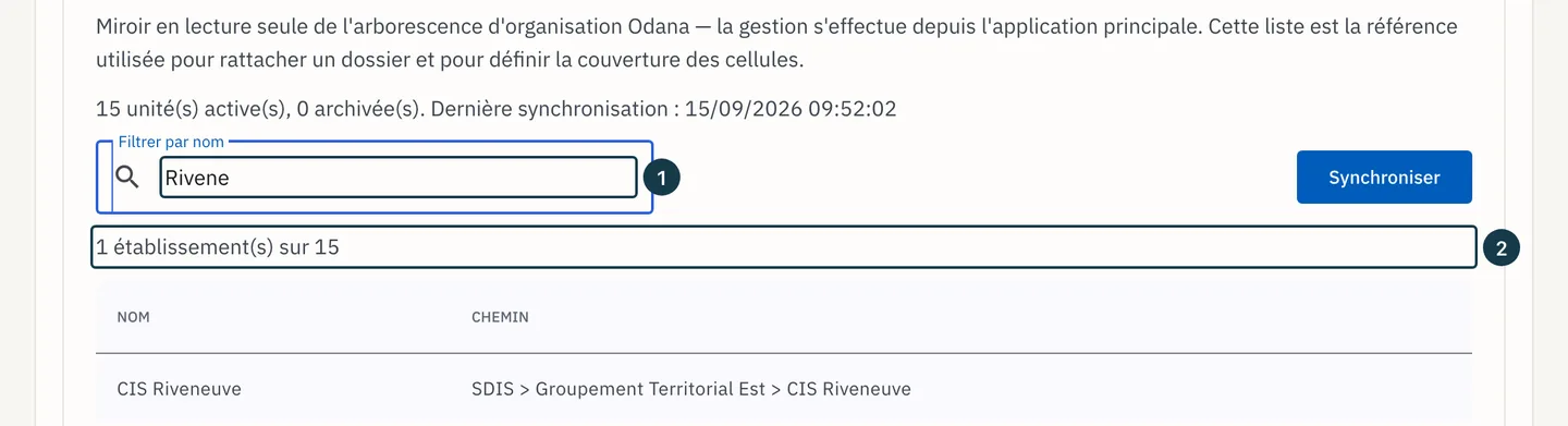 Écran «&nbsp;Administration&nbsp;»&nbsp;: le champ de filtre et le compteur d'établissements affichés