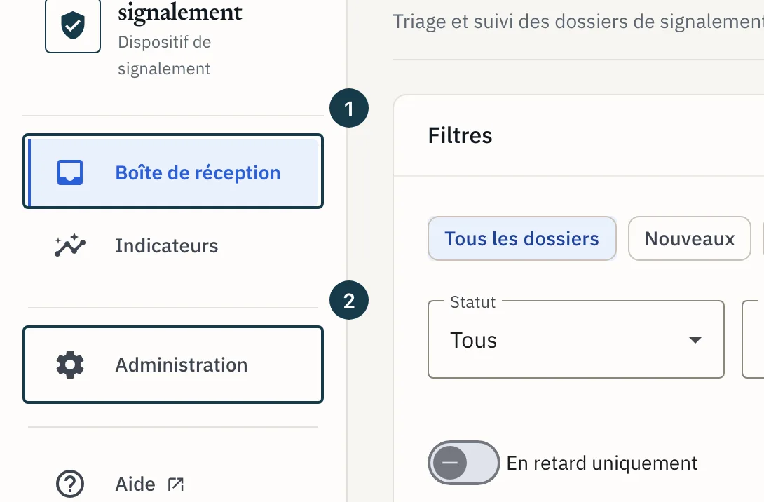 Écran «&nbsp;Boîte de réception&nbsp;»&nbsp;: le menu de gauche et son entrée «&nbsp;Administration&nbsp;»