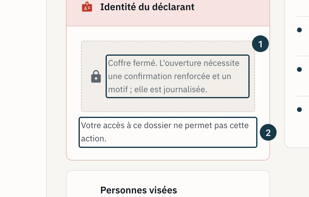 Écran du dossier : le panneau « Identité du déclarant », coffre fermé