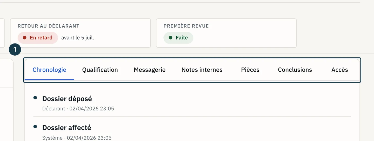 Écran d'un dossier : la rangée des sept onglets de contenu