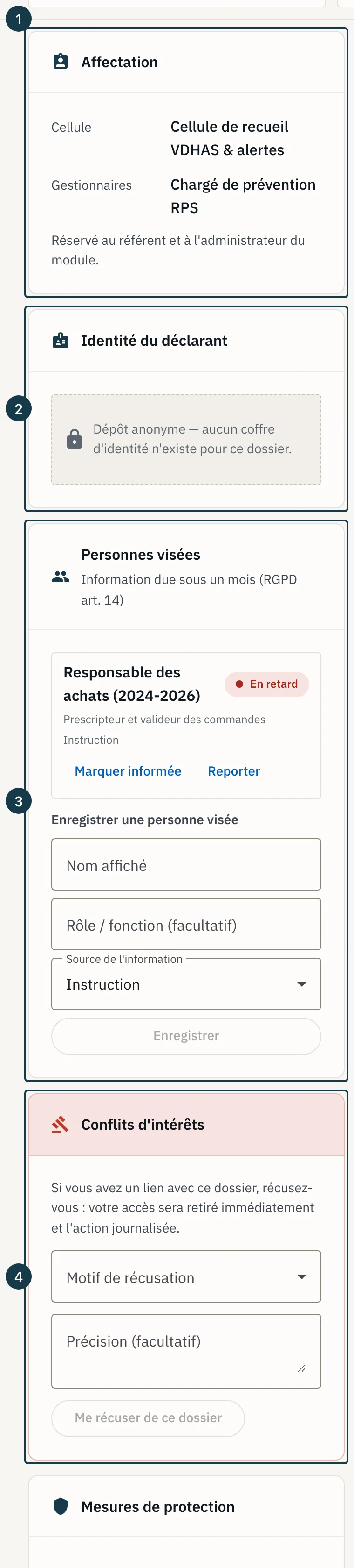 Écran d'un dossier : les quatre premiers panneaux du rail d'actions