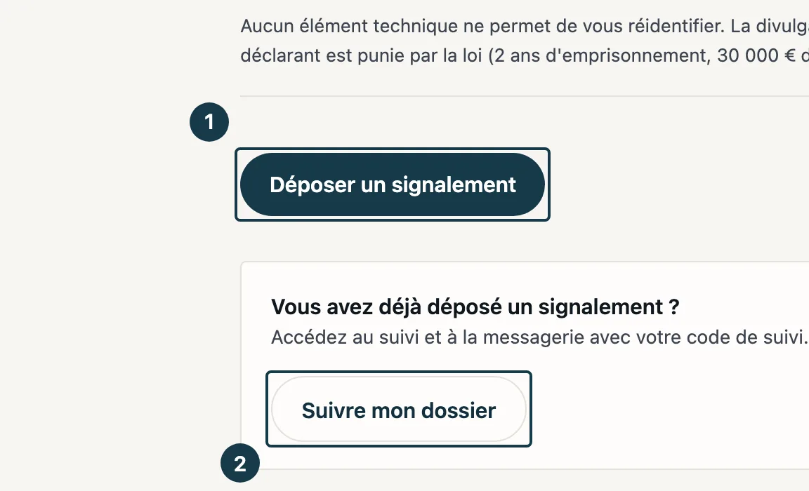 Écran d'accueil du portail : le bouton de dépôt et celui de suivi