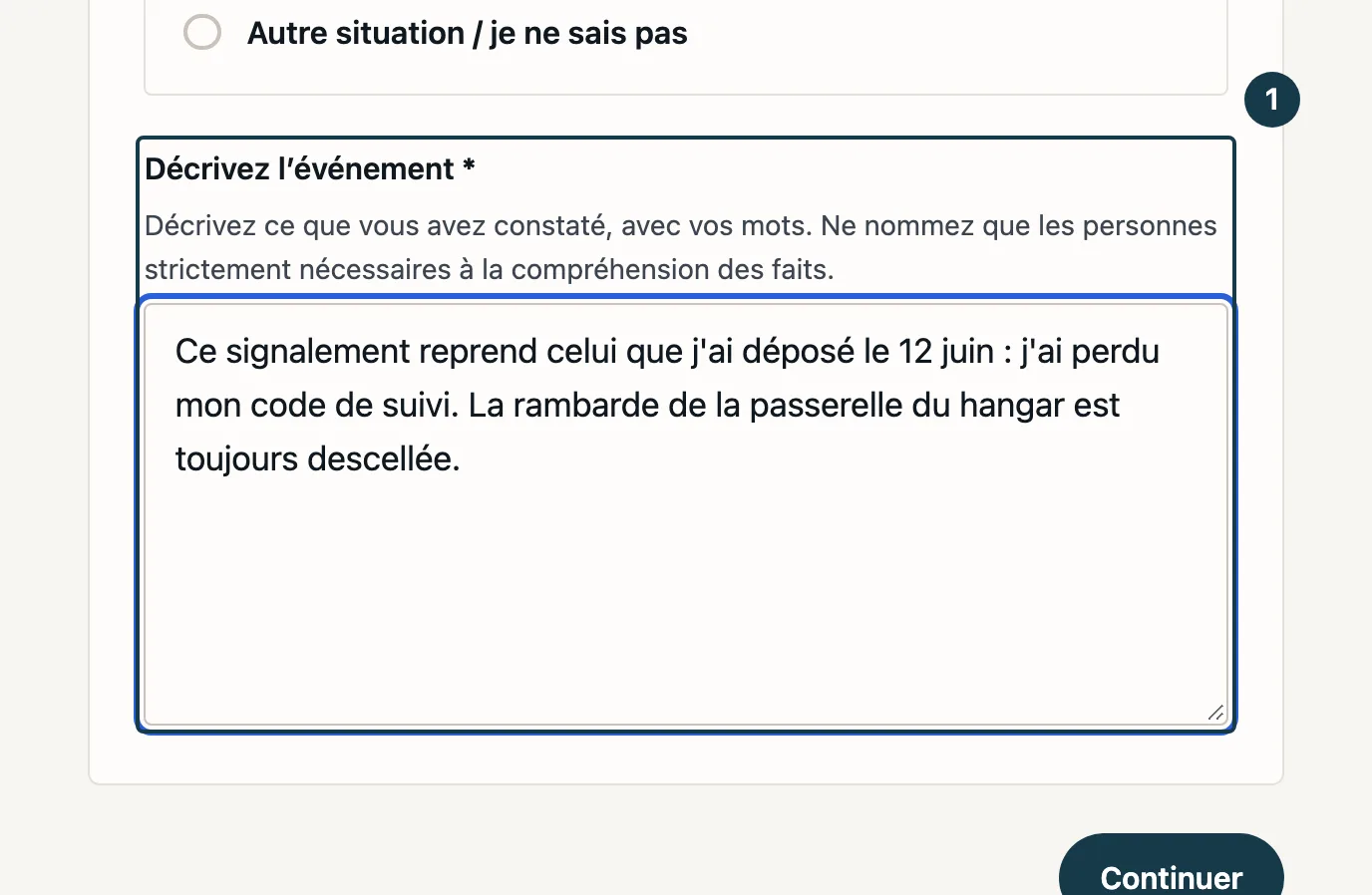 Écran du formulaire de dépôt : la description, où le premier signalement est mentionné