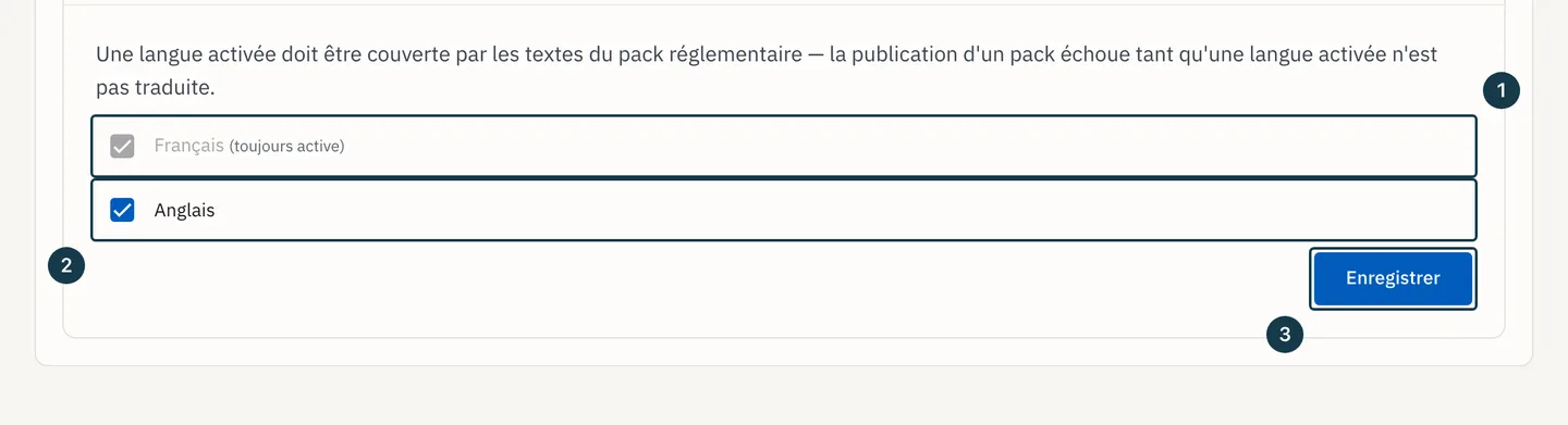 Écran « Administration » : les cases de langue et le bouton d'enregistrement