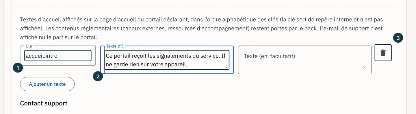 Écran « Administration » : les champs « Clé » et « Texte (fr) » d'une ligne, et sa corbeille