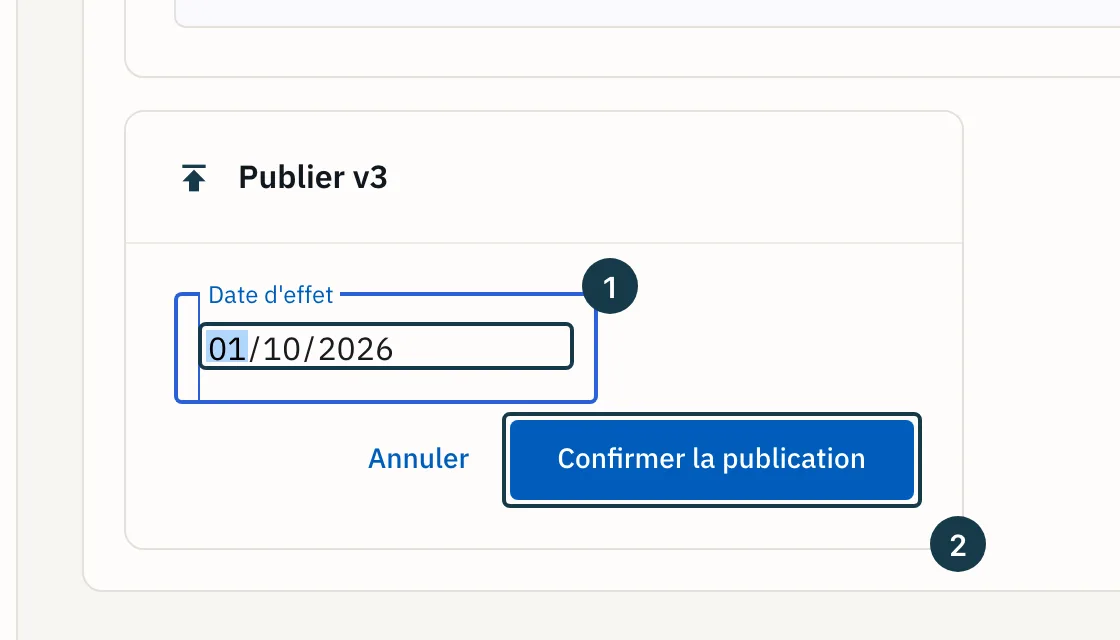 Écran «&nbsp;Administration&nbsp;»&nbsp;: le panneau de publication et son champ de date