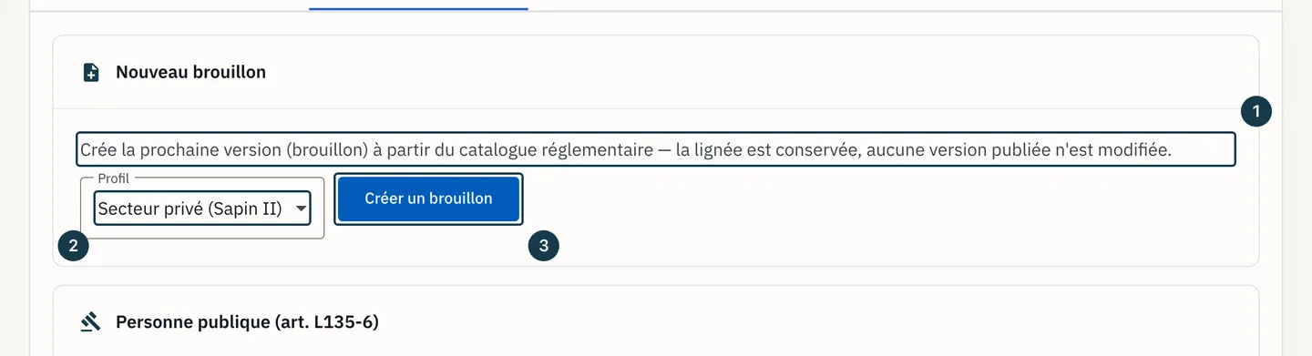 Écran «&nbsp;Administration&nbsp;»&nbsp;: la carte «&nbsp;Nouveau brouillon&nbsp;» et sa liste «&nbsp;Profil&nbsp;»
