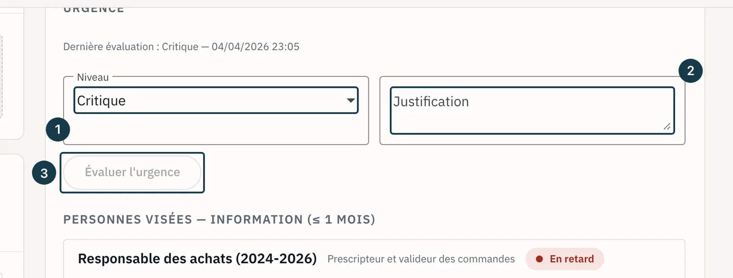 Écran du dossier : la section « Urgence » de l'onglet « Qualification »
