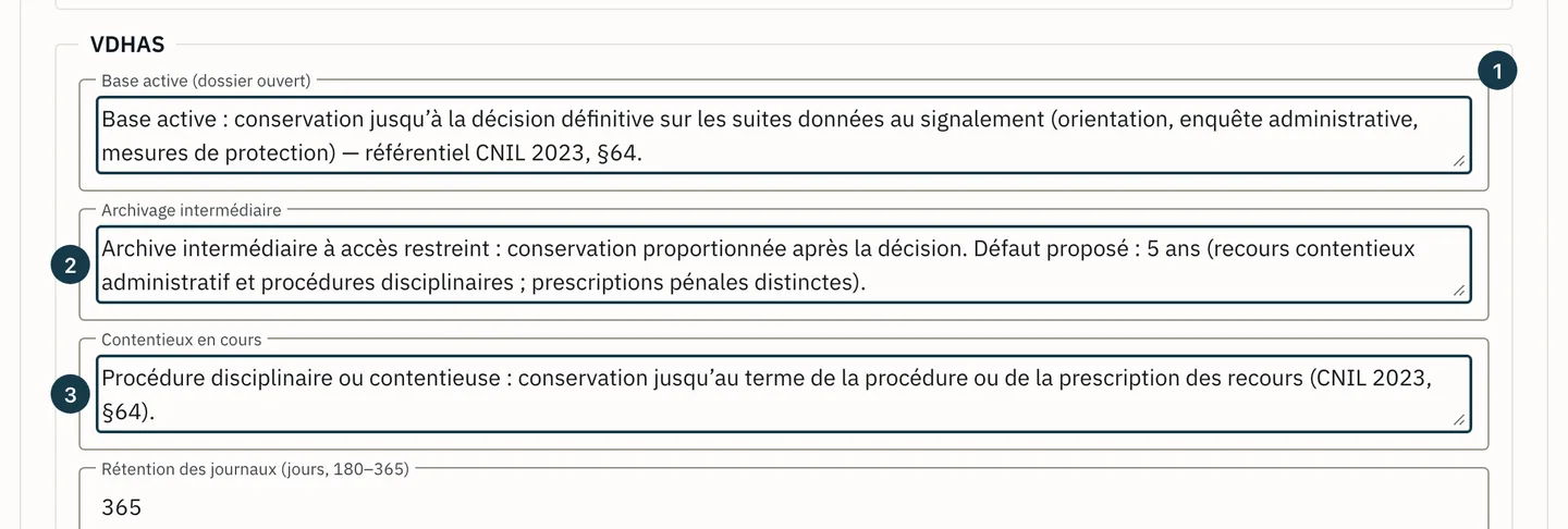 Écran « Administration » : les trois règles écrites en clair d'un circuit