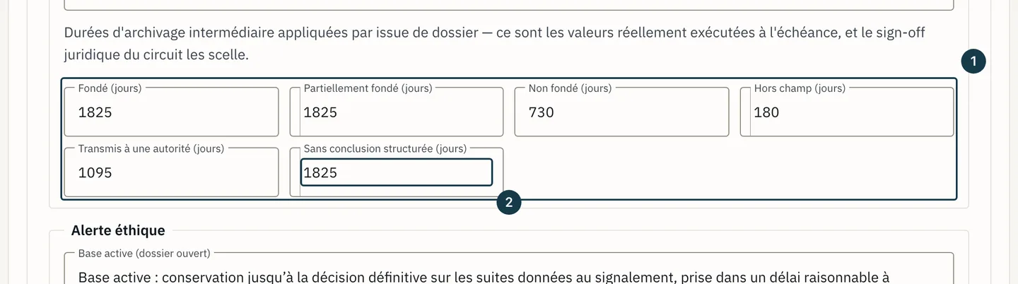 Écran « Administration » : les durées d'archivage par issue de dossier