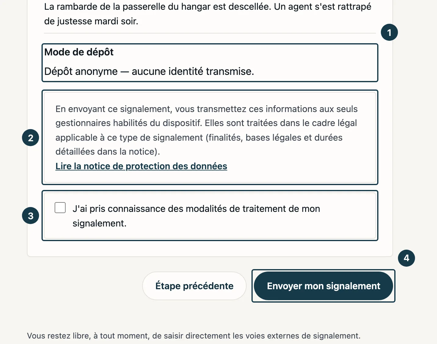 Écran du formulaire de dépôt : le récapitulatif, la notice de traitement et la case à cocher