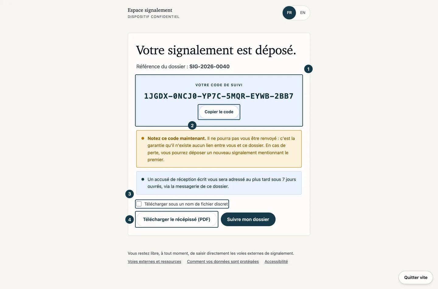 Écran du récépissé : la référence, le code de suivi et les deux façons de le garder