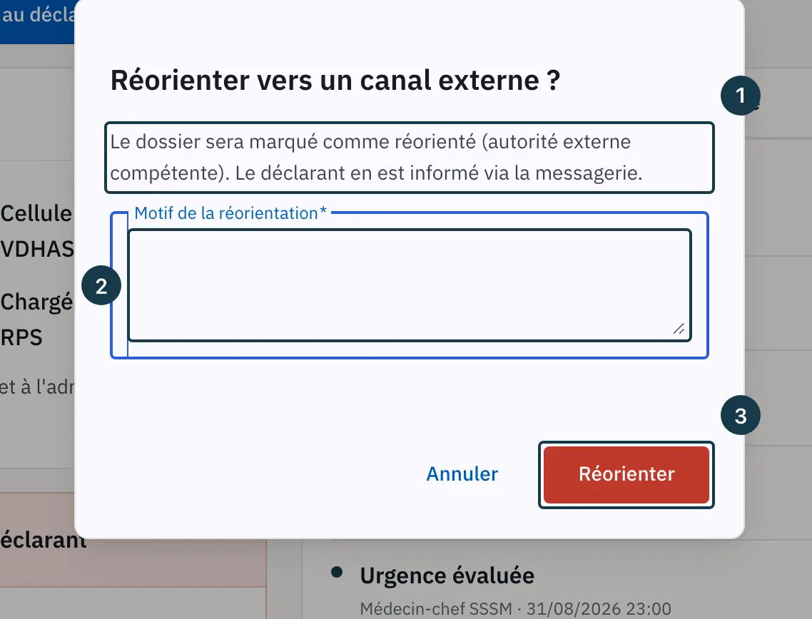 Écran d'un dossier&nbsp;: la fenêtre «&nbsp;Réorienter vers un canal externe&nbsp;?&nbsp;»
