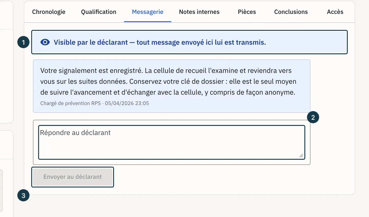 Écran du dossier&nbsp;: l'onglet «&nbsp;Messagerie&nbsp;», son bandeau et sa zone de saisie