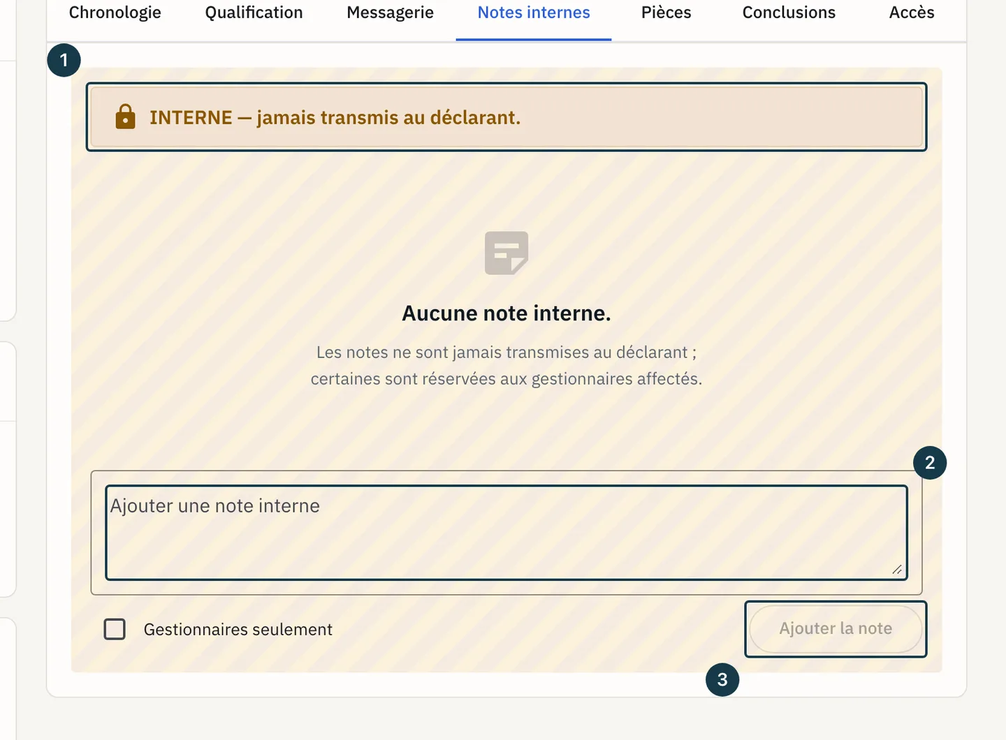 Écran du dossier&nbsp;: l'onglet «&nbsp;Notes internes&nbsp;», son bandeau et sa zone de saisie