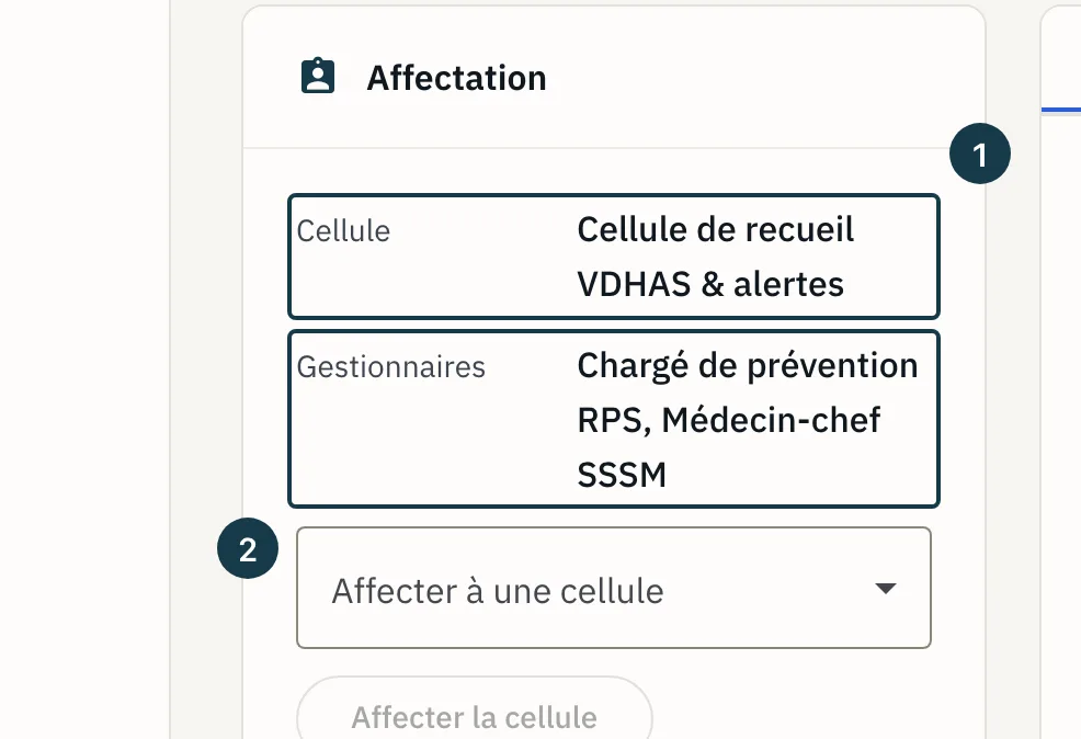 Écran du dossier&nbsp;: le panneau «&nbsp;Affectation&nbsp;» après l'affectation