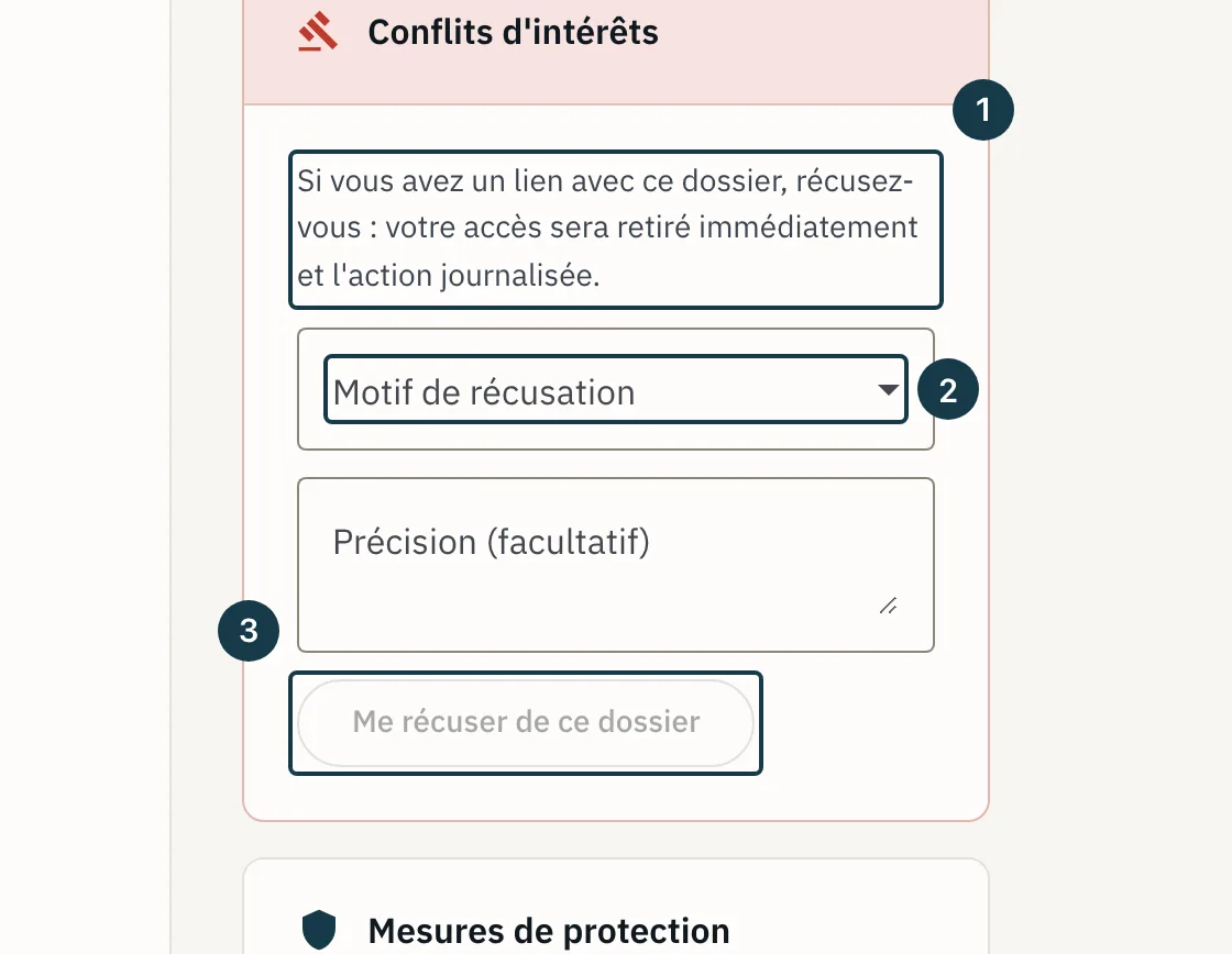 Écran d'un dossier : le panneau « Conflits d'intérêts » dans le rail
