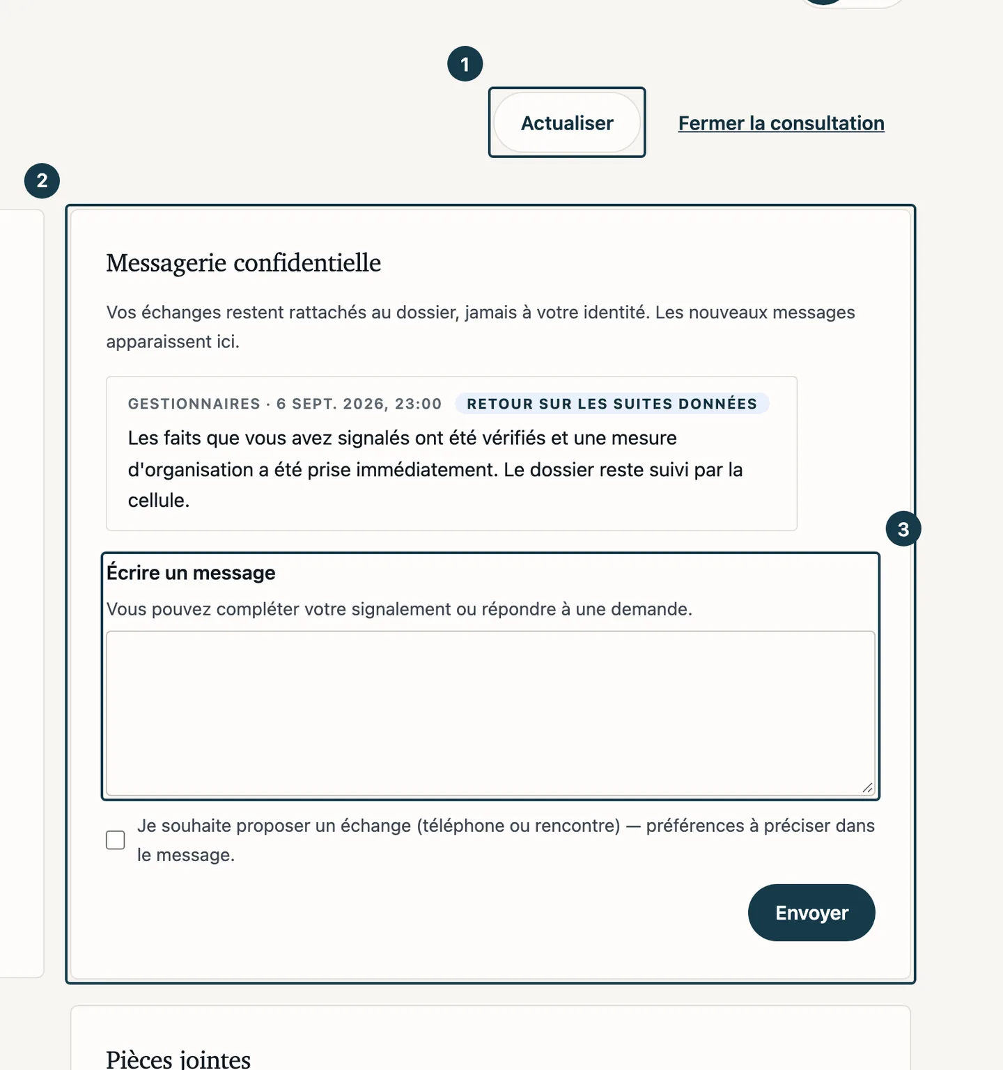 Écran « Mon dossier » : le bouton « Actualiser », la messagerie et sa zone de saisie