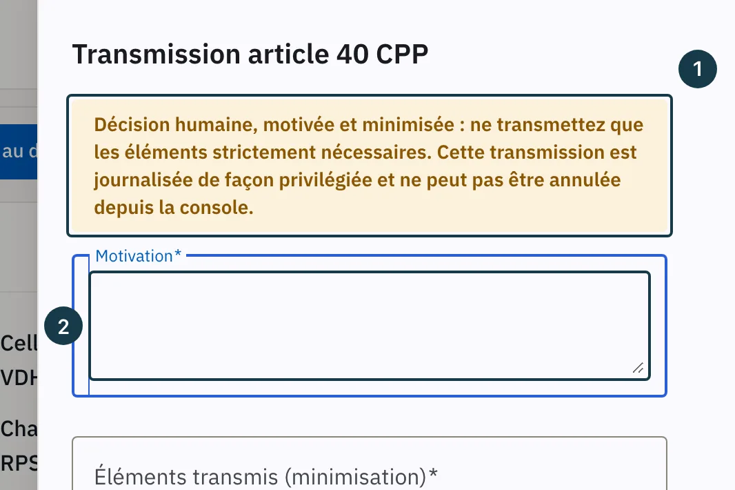 Écran d'un dossier : la fenêtre « Transmission article 40 CPP » et son avertissement