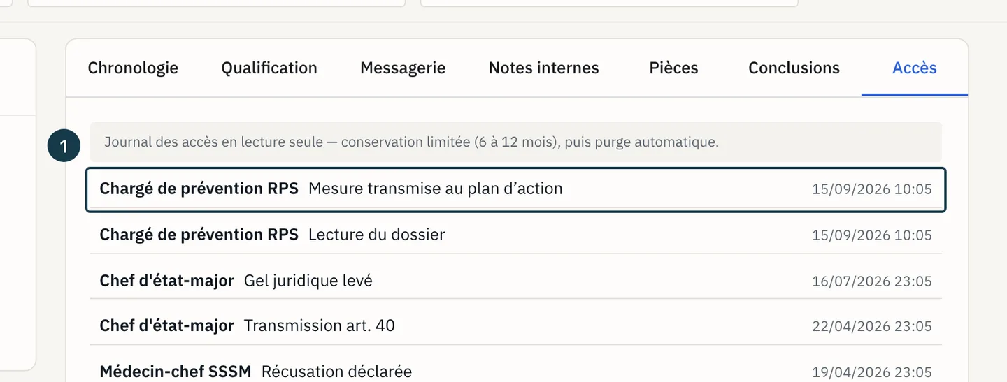 Écran d'un dossier : l'onglet « Accès » et la ligne de la transmission
