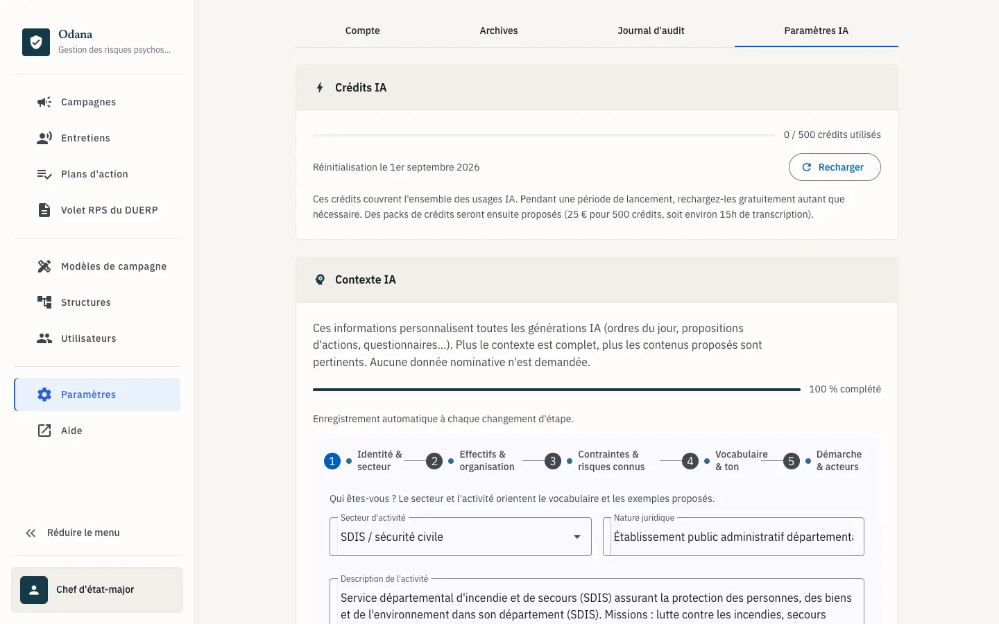 Jauge de crédits IA et formulaire de contexte d'entreprise dans Odana