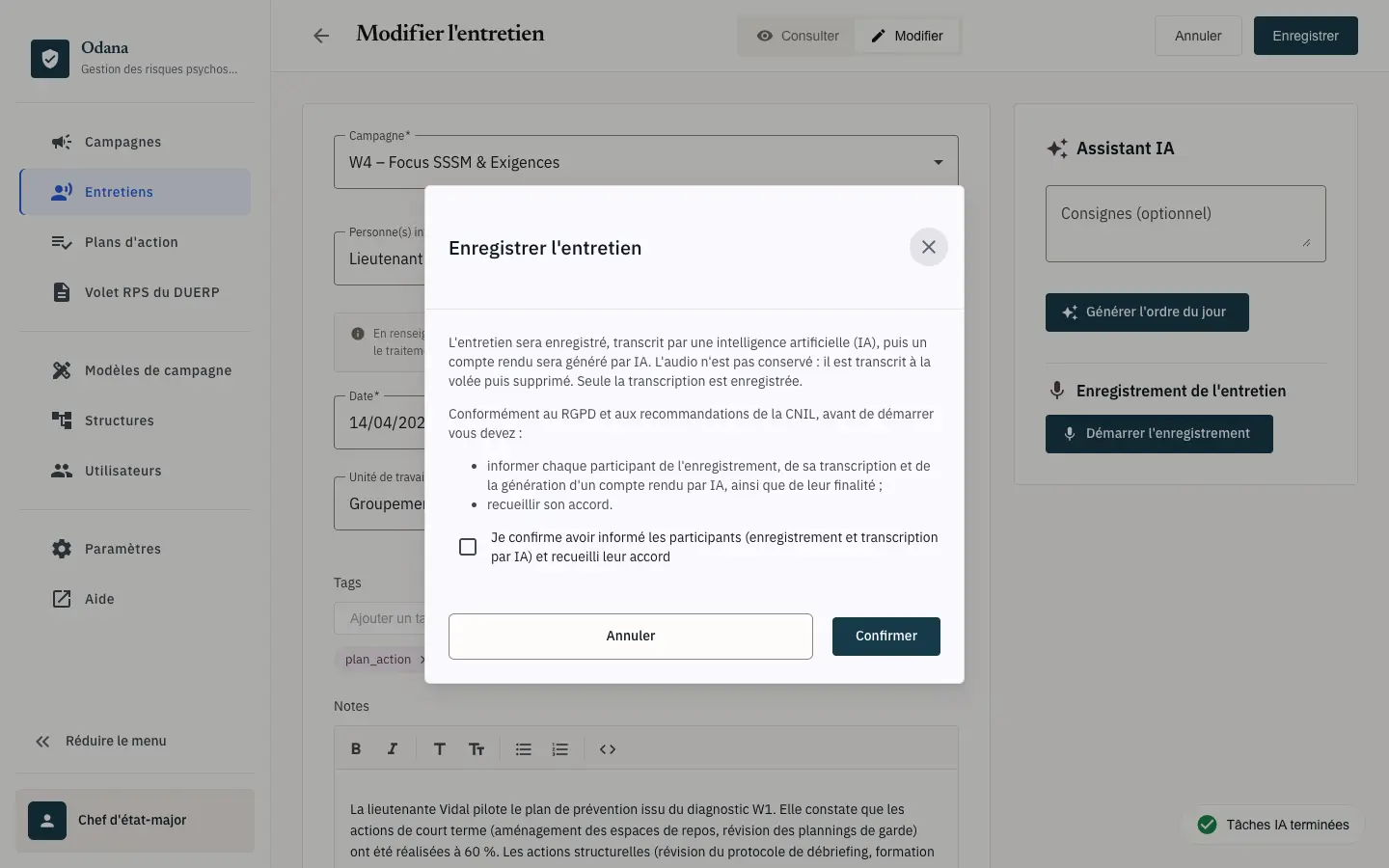 Enregistreur et consentement de transcription live d'entretien dans Odana